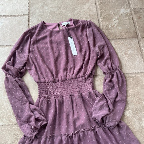 Koko + Mason Mauve Swiss Dot Smocked Waist Tiered Mini Dress Small NEW - Picture 11 of 12